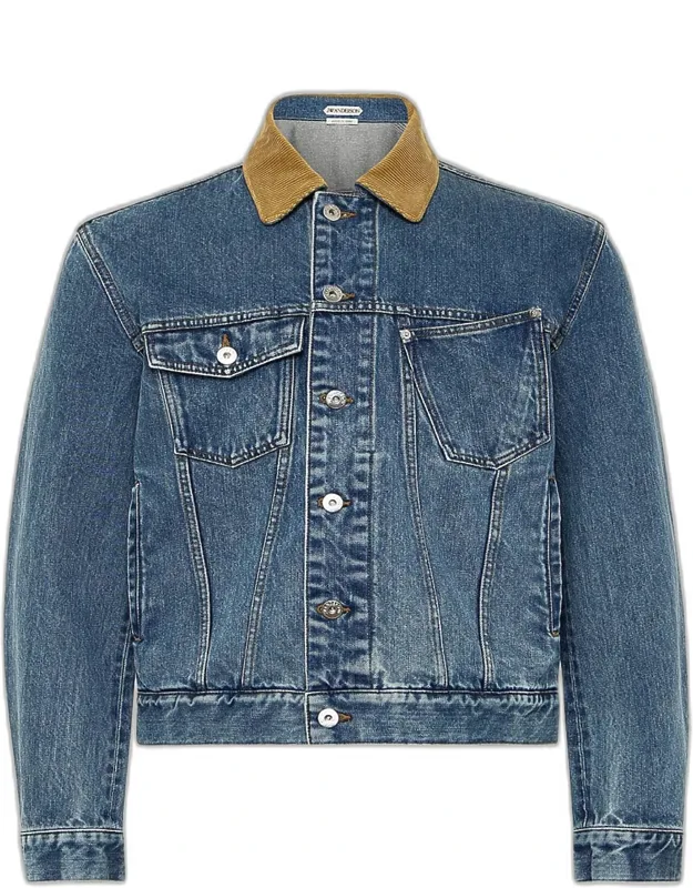 Corduroy-collar Twisted Pocket Denim Jacket