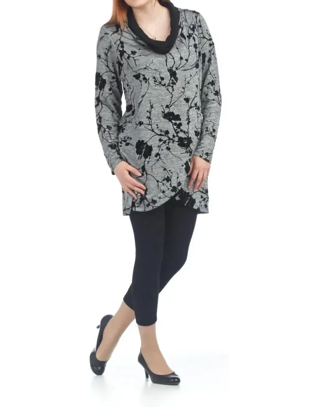 Velvet Floral Crossover Tunic With Cowl Neck