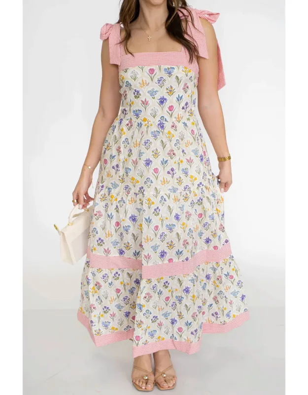 Floral Print Striped Detail Knot Strap Maxi Dress