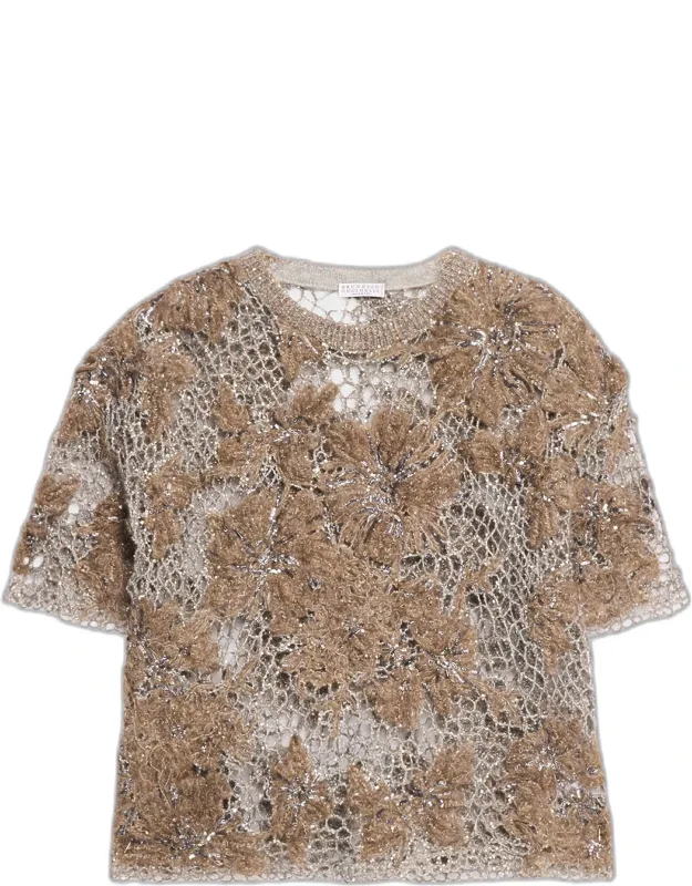 Mohair Diamante Floral Embroidered Mesh Sweater