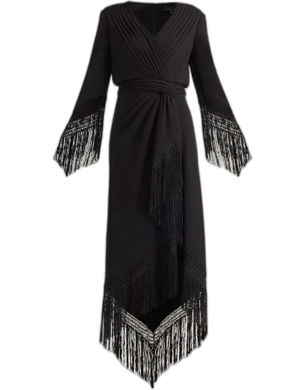Fringe-trim Draped Crepe Maxi Dress