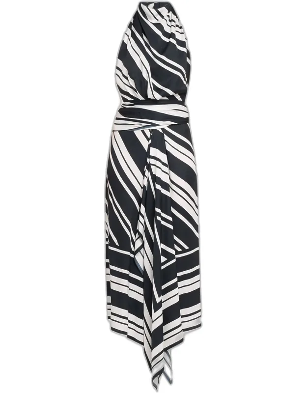 Marin Striped Satin Halter Midi Scarf Dress