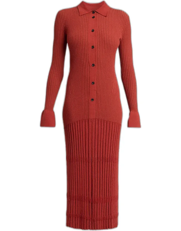 Wool Rib Drop-waist Button-front Midi Dress
