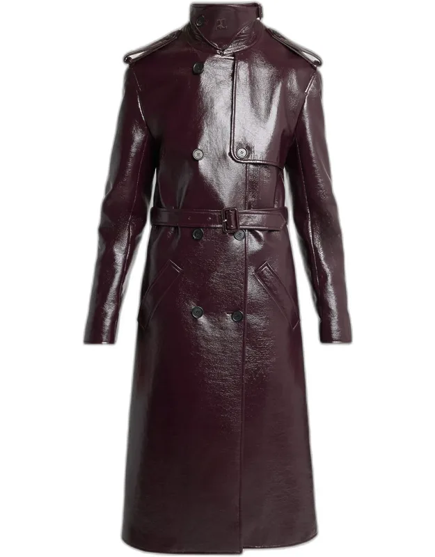 Vinyl Double-breasted Belted Long Trench Coat