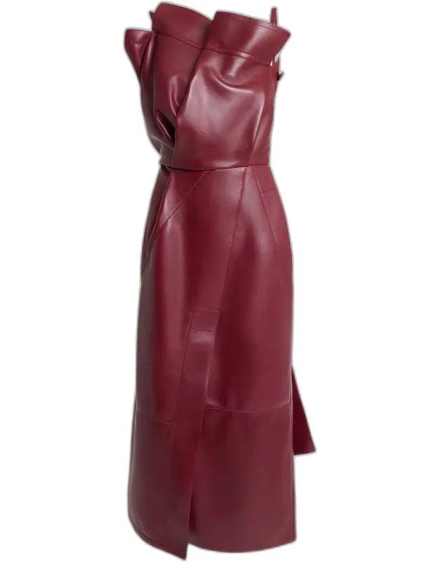 Asymmetric Ruffle Leather Midi Dress