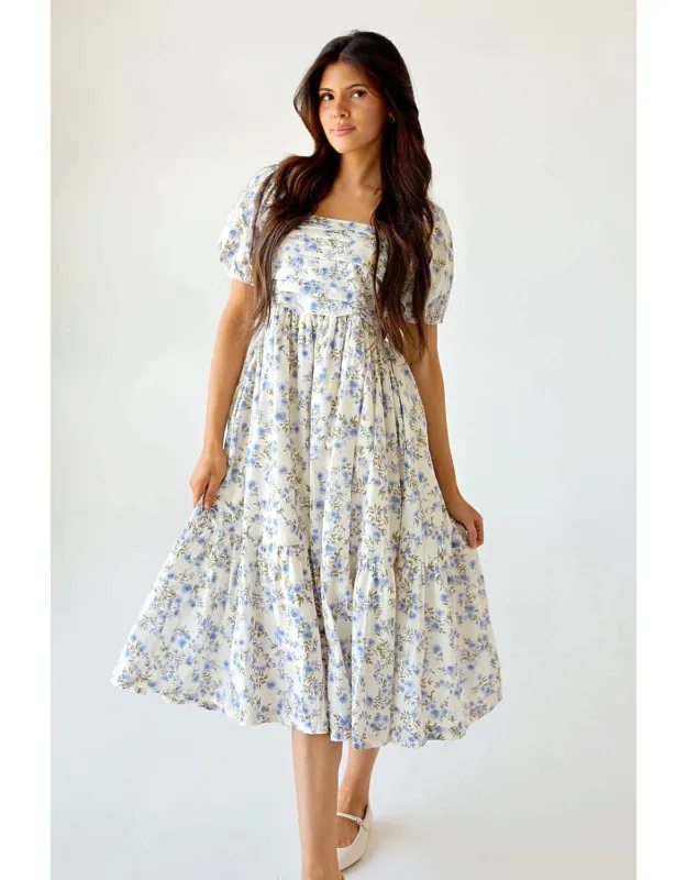 Floral Cotton Midi Dress With Bubble Sleeves