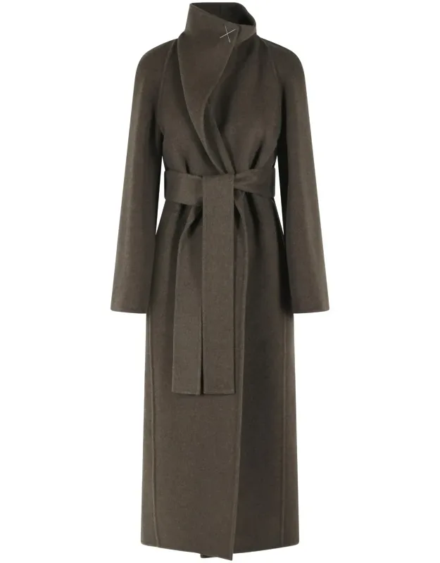 Raised Neck Wool Coat With Matching Belt And Side Pockets