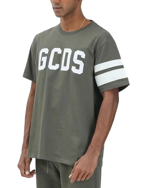 Military Green Cotton T-shirt With Bold Logo And Striped Sleeves