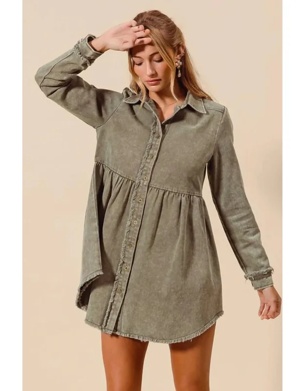 Washed Twill Button Down Shirt Mini Dress