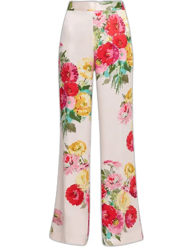 Floral Silk Straight-leg Pants