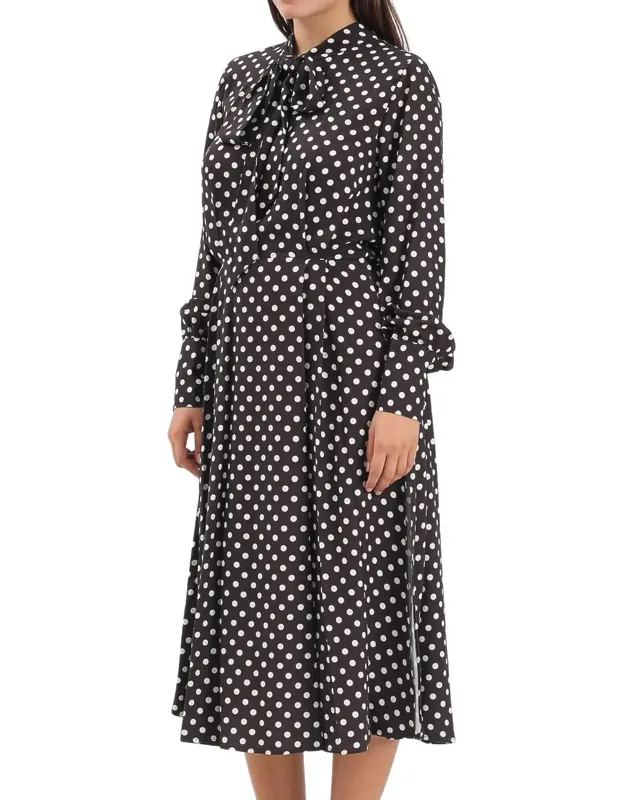 Pleated Midi Dress With Gathered Sleeves And Polka Dot Pattern