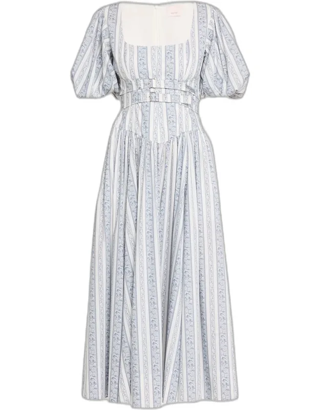 Belted Puff-sleeve Midi Dress