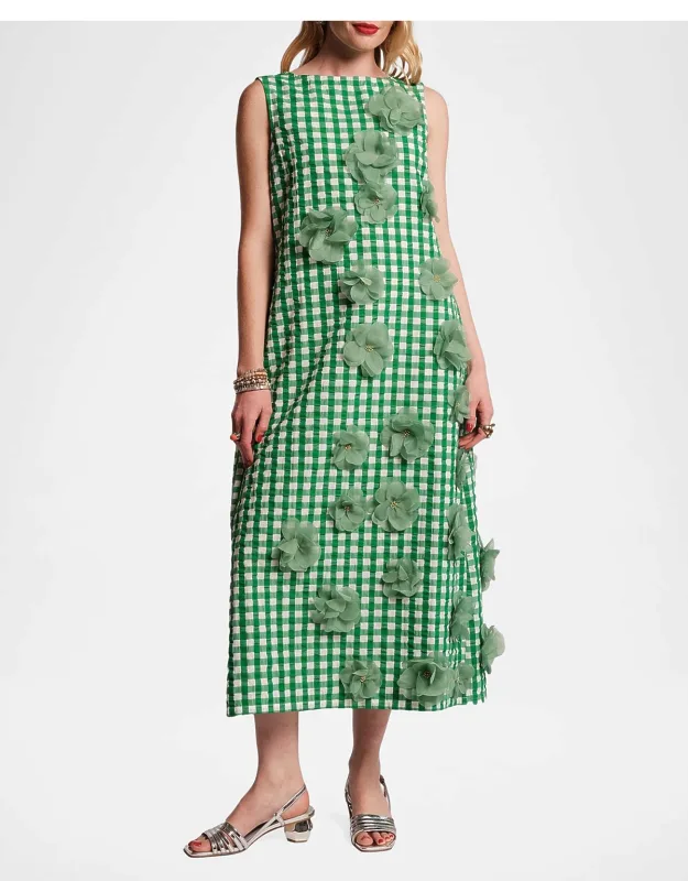 Origami 3d Floral Appliqué Gingham Midi Dress
