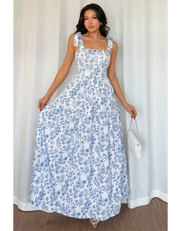 Floral Print Knot Straps High Waist Flared Maxi Dress