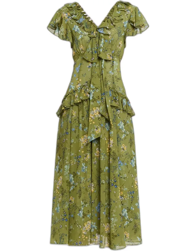 Windswept Floral Ruffle Midi Dress