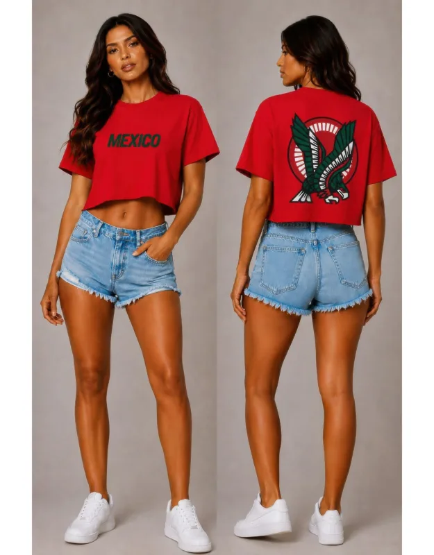 Short Sleeve Cotton Mexico Print Shirt With Cropped Silhouette And Raw Hem