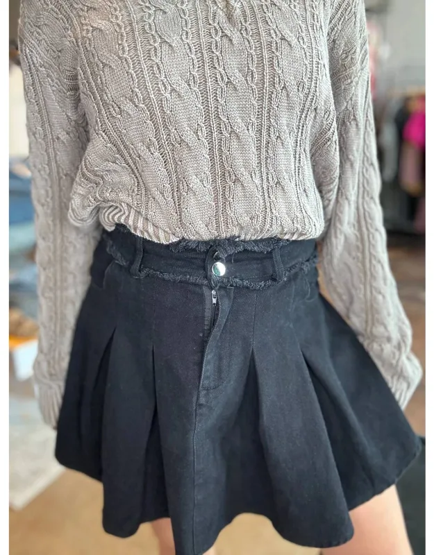 Pleated Washed Denim Skirt