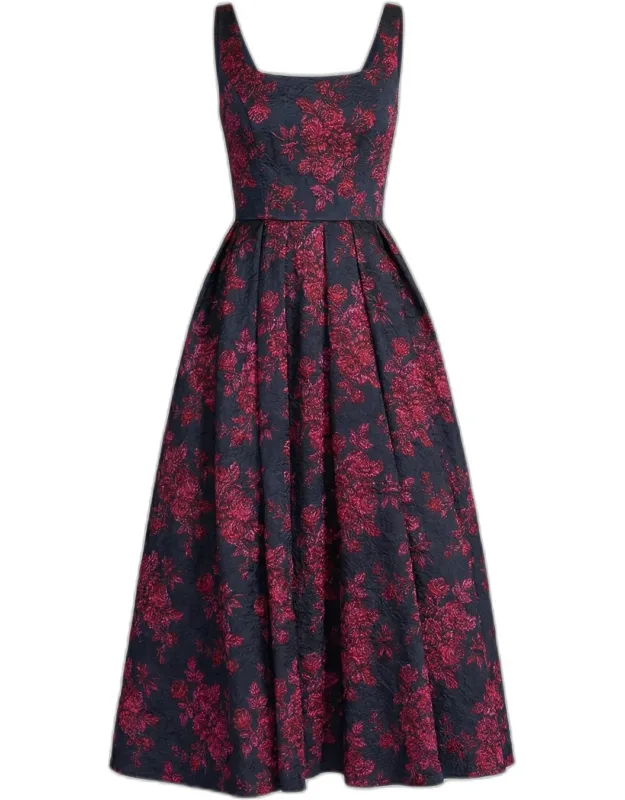 Pleated Square-neck Floral Brocade Midi Dress