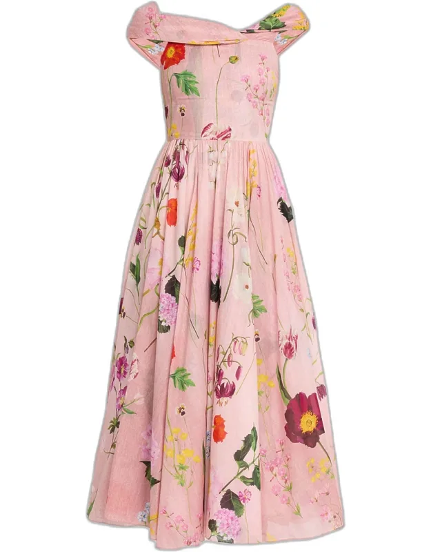 Off-the-shoulder Mixed Botanical Cotton Midi Dress