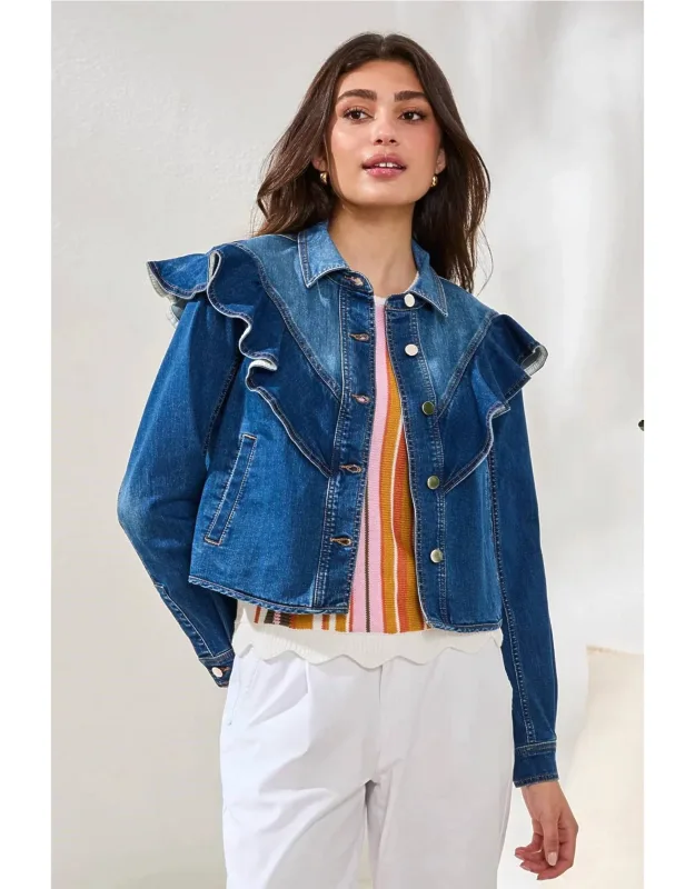 Fayra Fashion Denim Jacket With Sculpted Ruffle Detail In Dark Pacific