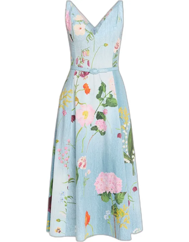 Sleeveless V-neck Mixed Botanical Midi Dress