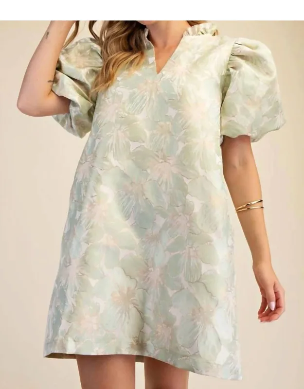 Ruffle V-neck Puff Sleeve Mini Dress