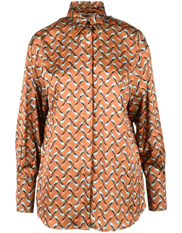 Geometric Patterned Shirt With Classic Collar And Fluid Draping