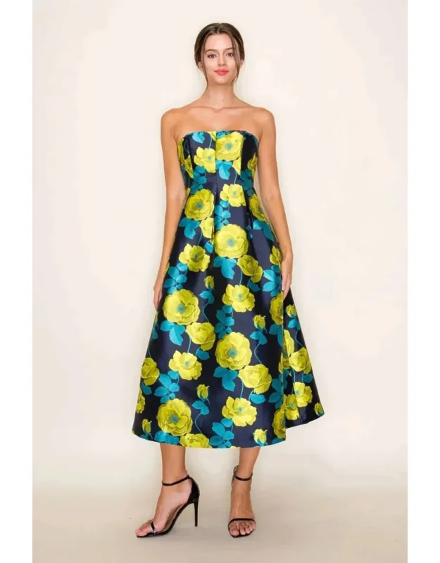 Floral Jacquard Strapless Pleated Midi Dress