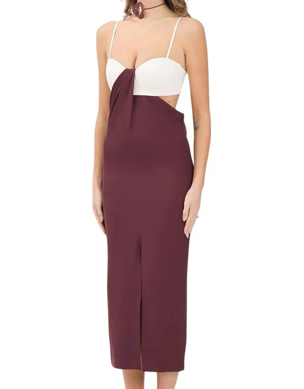 Two-tone Fitted Midi Dress With Asymmetrical Draped Detail
