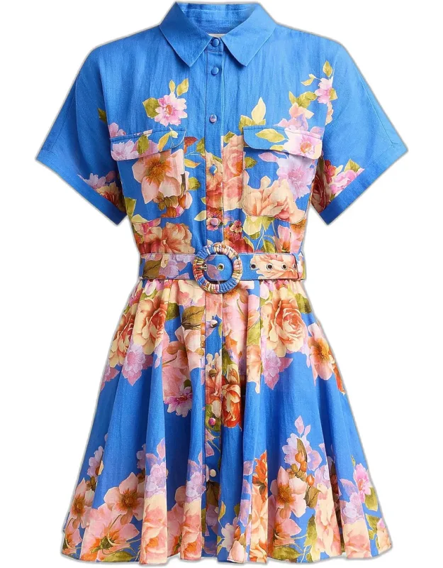 Floral Linen-cotton Belted Mini Shirtdress
