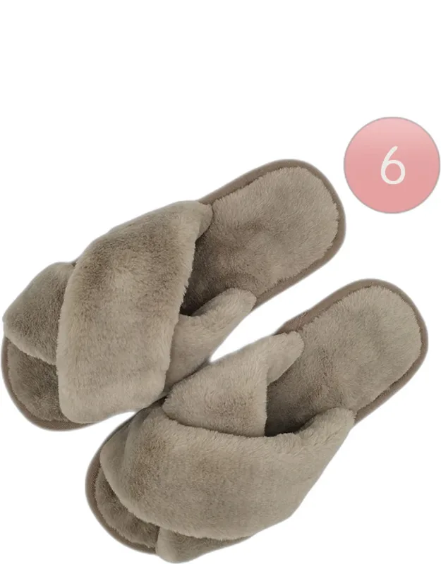 6 Pairs - Solid Crisscross Faux Fur Soft Home Indoor Floor Slippers