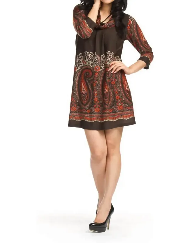 Paisley Print Cowl Neck Pleated Front Dress