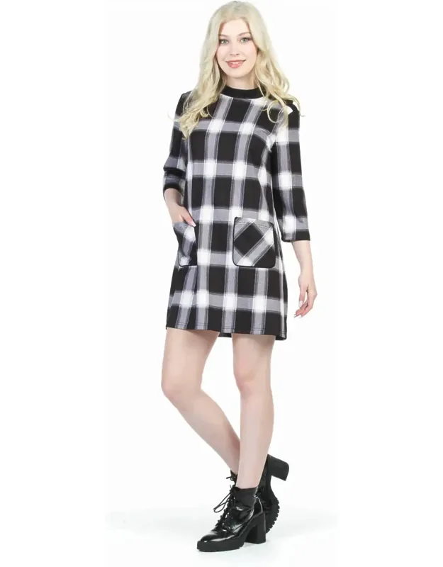 Plaid Textured Button Detail Dress With Pockets