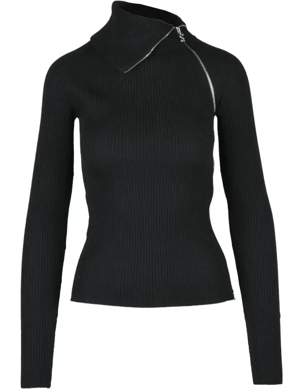 Ribbed Turtleneck Sweater With Asymmetrical Silver Zipper Detail