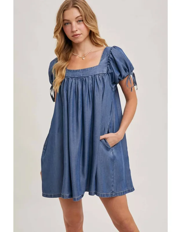 Denim Square Neck Babydoll Dress With Pockets