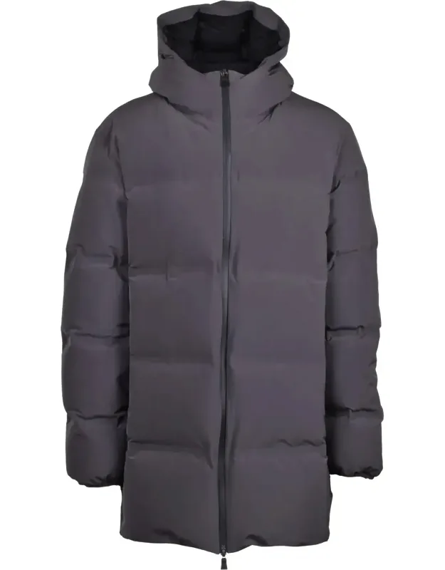Padded Long Down Jacket With High Collar And Attached Hood