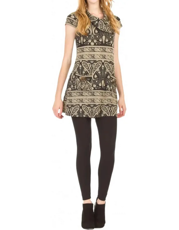 Paisley Border Print Cap Sleeve Drape Collar Dress