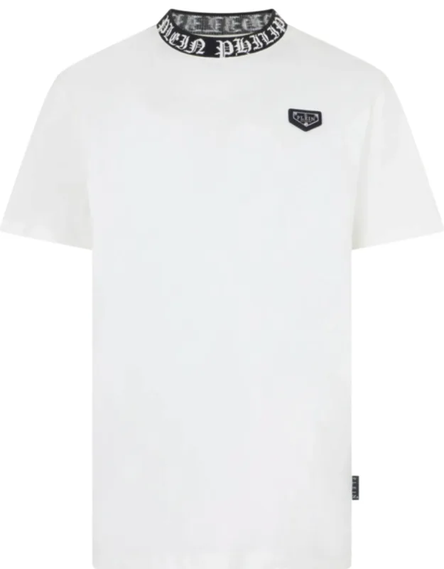 Jersey T-shirt With High Mock-neck Collar And Metal Brand Plaque