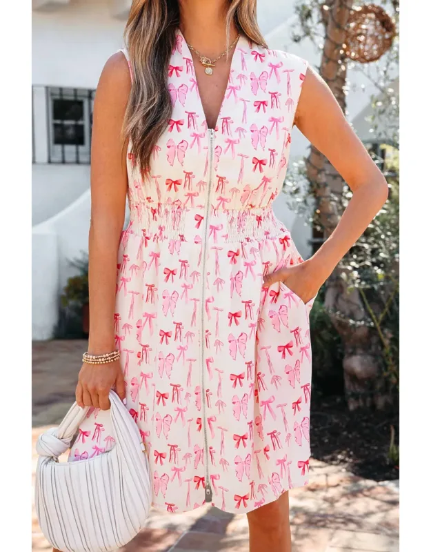 Full Zip Cinched Waist Sleeveless Bow Mini Dress