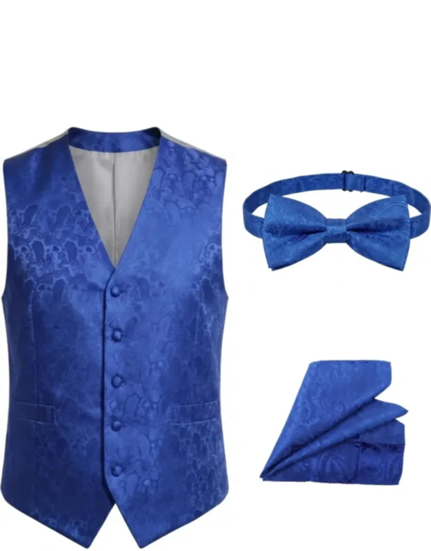 Waistcoat Set 3 Piece Jacquard Floral With Bow Tie And Pocket Square
