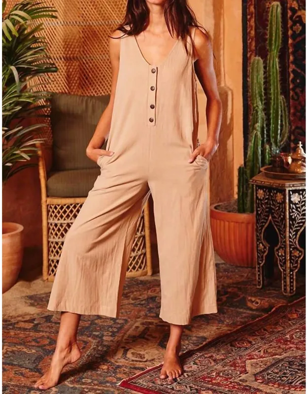 V-neck Button-up Wide Leg Solid Jumpsuit