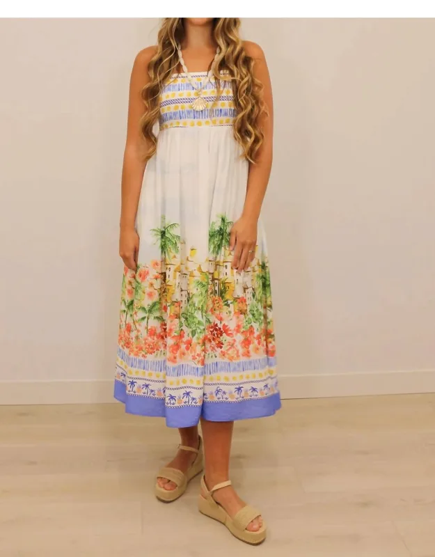 Tropical Scenic Print Sleeveless Midi Dress
