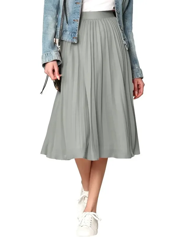 High Elastic Waist Pleated Mid A-line Swing Skirt