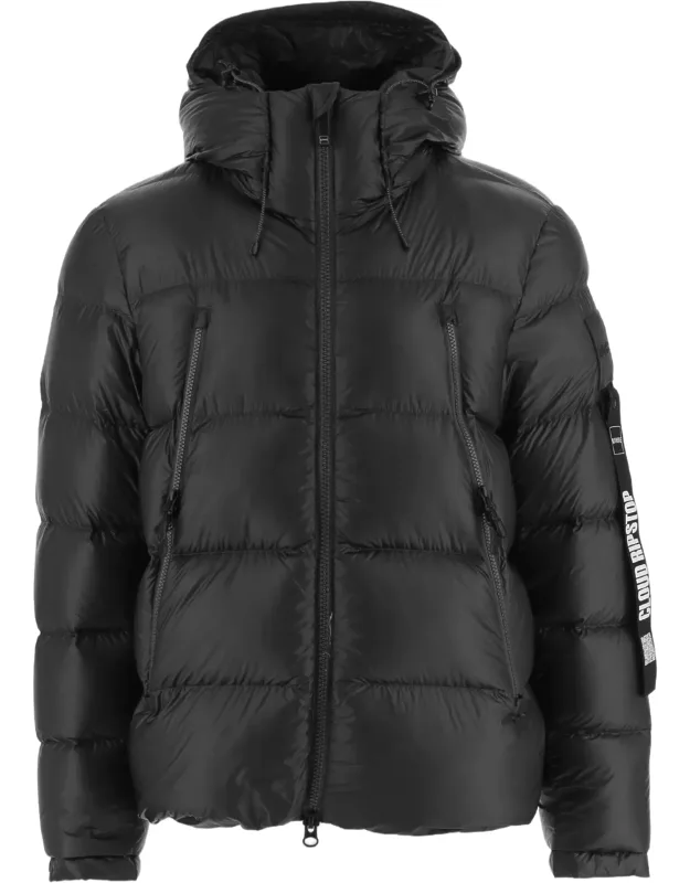 Quilted Nylon Down Jacket With Adjustable Hood And Zippered Pockets