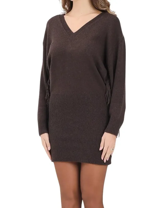 Knit Mini Dress With Deep V-neck And Fringe Detailing