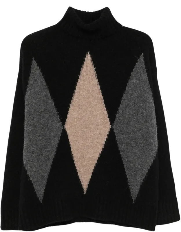 Turtleneck Sweater With Bold Intarsia Pattern And Relaxed Fit