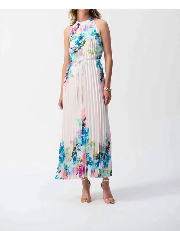 Pleated Satin Floral Print Midi Dress