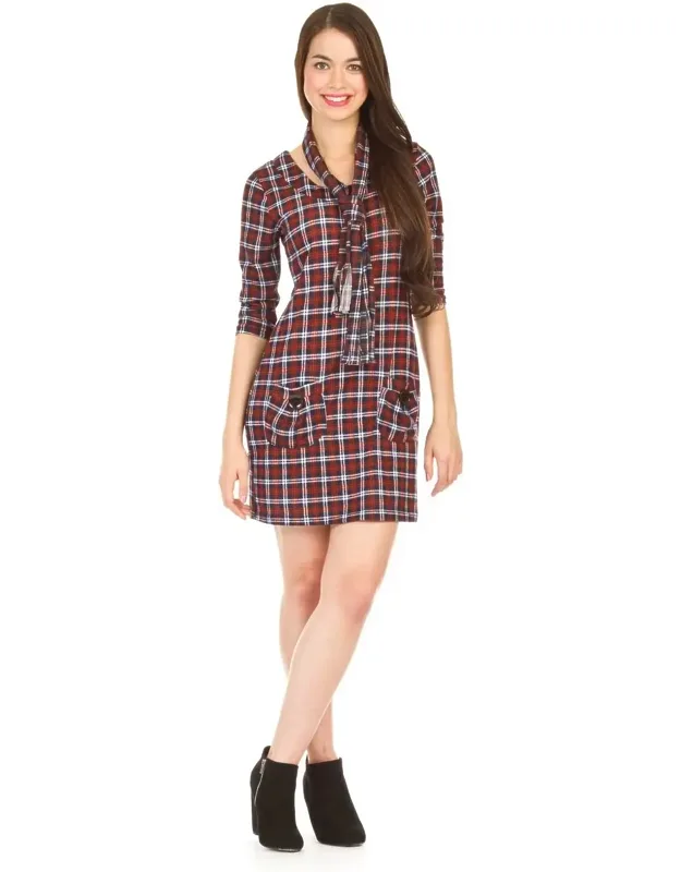 Plaid 3/4 Sleeve Dress With Pockets & Scarf