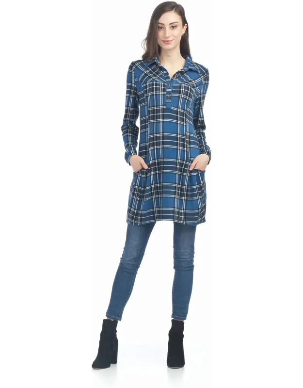 Plaid Henley Sweater Dress With Pockets