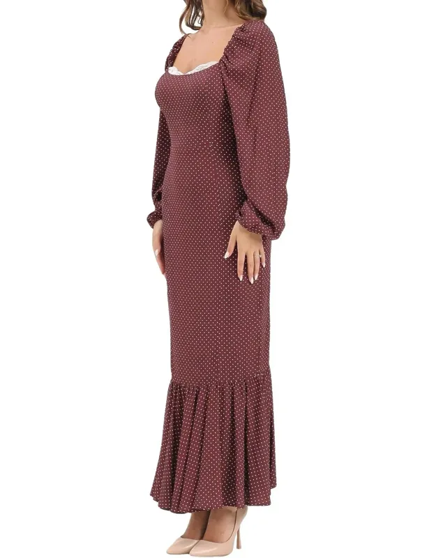 Long Dress With Puff Sleeves And Lace Trim